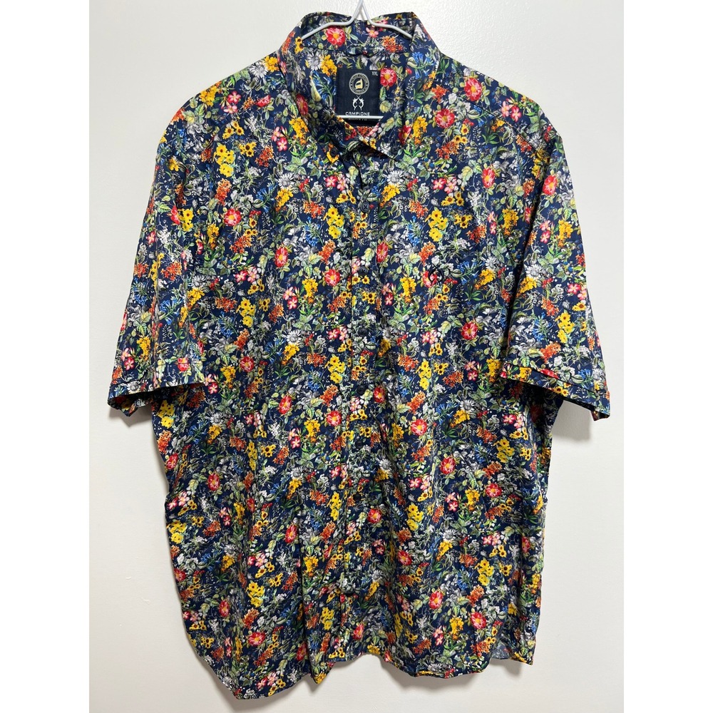 Claudio Campione Mens XXL Floral Button Down Shirt Modern Fit Navy Short Sleeve